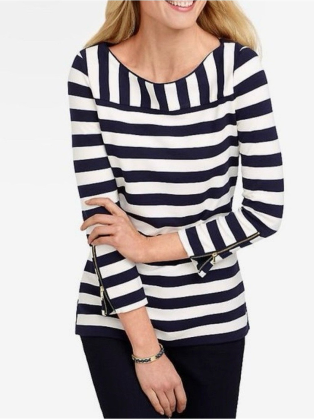 TALBOTS Navy Striped Preppy Coastal Beach Nautical Zipper Sleeve Top MP